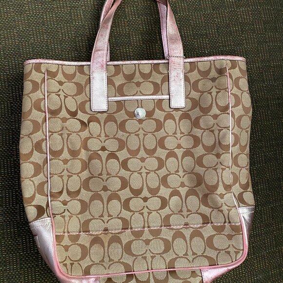Coach Signature Tote Bag Shoulder Canvas Leather Beige Pink M04k-7069 Pockets - Picture 1 of 9